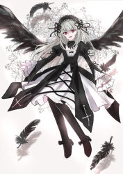  1girl black_dress black_feathers black_wings dress feathered_wings feathers frilled_sleeves frills full_body gothic_lolita grey_hair hairband highres juliet_sleeves lolita_fashion lolita_hairband long_hair long_sleeves parted_lips pine_(pineapple5459) puffy_sleeves red_eyes rozen_maiden smile solo suigintou wings 
