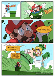  1boy 1girl aaron_schmit absurdres angry blonde_hair breasts crown english_text facial_hair giant giantess hat highres jumping large_breasts lipstick makeup mario mario_(series) mustache nintendo open_mouth overalls pipe pipette piranha_plant princess_pipe scared size_difference speech_bubble super_mario_bros._3 surprised tall_female transformation 