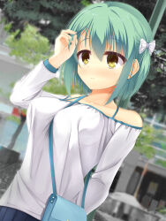  1girl 3: absurdres adjusting_hair arm_behind_back bag bare_shoulders blurry blurry_background blush bow breasts closed_mouth collarbone commentary_request day dutch_angle eyes_visible_through_hair frown green_hair hair_between_eyes hair_bow hand_up handbag highres large_breasts long_sleeves looking_up noble_works off-shoulder_shirt off_shoulder outdoors photo_background reiji_tsukimi shirt short_hair solo tsukiyama_sena upper_body upturned_eyes white_bow white_shirt yellow_eyes 