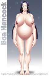  1girl big_belly black_hair blue_eyes boa_hancock breasts cleft_of_venus earrings full_body jewelry large_breasts long_hair nipples nude one_piece pregnant pussy smile snake_earrings thedarkness thick_thighs thighs very_long_hair 