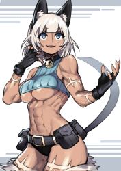 1girl abs animal_ears belt belt_pouch black_gloves blue_eyes bob_cut breasts cat_ears cat_tail contrapposto dark_skin fingerless_gloves foam_(awa) gloves highres large_breasts looking_ahead ms._fortune_(skullgirls) muscular muscular_female panties pouch scar short_hair simple_background skullgirls solo tail thighhighs toned underboob underwear white_hair rating:Sensitive score:46 user:danbooru