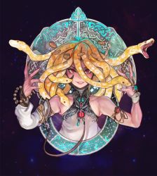 1boy fingernails gold_coin gorgon jewelry lips looking_at_viewer red_eyes sharp_fingernails snake_hair solo toxxy trap