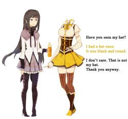 2girls akemi_homura argyle argyle_clothes argyle_legwear black_hair bow breasts capelet detached_sleeves english_text headless high_heels i_want_my_hat_back long_hair lowres mahou_shoujo_madoka_magica mami_mogu_mogu medium_breasts morning_rescue multiple_girls pantyhose parody pleated_skirt purple_eyes ribbon shoes simple_background skirt small_breasts spoilers striped_legwear thighhighs tomoe_mami tribute_(tributism) vertical-striped_legwear white_background zettai_ryouiki