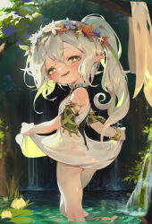  1girl absurdres bracelet clothes_lift completely_nude cross-shaped_pupils dress dress_lift from_side genshin_impact green_eyes green_hair grey_hair hair_between_eyes highres huge_filesize jewelry lifting_own_clothes loli long_hair looking_at_viewer looking_to_the_side multicolored_hair nahida_(genshin_impact) nude open_mouth pointy_ears see-through see-through_dress sleeveless sleeveless_dress smile solo standing symbol-shaped_pupils villainchin wading water wet white_dress  rating:Sensitive score:73 user:danbooru