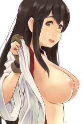 10s 1girl akagi_(kancolle) black_hair blush breasts brown_eyes female_focus gloves highres kantai_collection large_breasts looking_at_viewer nipples open_clothes open_mouth partially_fingerless_gloves partly_fingerless_gloves simple_background smile solo upper_body wa_(genryusui) white_background yugake rating:Questionable score:69 user:danbooru