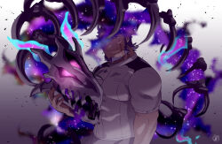  1boy animal_skeleton arm_at_side arm_hair bara beard closed_mouth exio_(live_a_hero) facial_hair gradient_background highres live_a_hero looking_at_viewer male_focus one_eye_covered red_eyes shirt short_hair short_sleeves signature solo sumi_wo_hakuneko white_shirt 