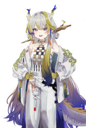  1girl arknights belt bracelet breasts colored_tips cowboy_shot dragon_girl dragon_horns dragon_tail earrings gloves gradient_hair grey_eyes grey_hair hair_intakes hair_over_shoulder hands_on_own_hips highres horns jacket jewelry long_hair long_sleeves looking_at_viewer multicolored_hair off_shoulder open_clothes open_jacket open_mouth orange_gloves orange_hair pants purple_hair purple_horns red_horns shu_(arknights) sidelocks simple_background small_breasts solo standing strapless streaked_hair tail tassel teeth tongue tube_top upper_teeth_only very_long_hair white_background white_belt white_jacket white_pants zapik 
