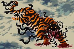  alternate_species blood blood_in_mouth blood_on_hands claws colored_sclera commentary dream_tiger_(govy9807) english_commentary looking_at_viewer mask nastysquids no_humans open_mouth original shadow sharp_teeth teeth tiger tiger_stripes yellow_sclera 