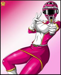  breasts gun gun_pointing_at_viewer kousoku_sentai_turboranger large_breasts pink_outfit pink_turbo_ranger queen_vegeta_69 super_sentai thick_thighs thighs weapon  rating:Questionable score:3 user:DrawnIce