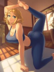  1girl absurdres artist_request ass bare_shoulders barefoot blonde_hair blue_sports_bra braid breasts cleavage closed_mouth collarbone crown_braid feet female_focus foot_out_of_frame green_eyes highres huge_ass indoors large_breasts leg_up looking_at_viewer nintendo pants plant pointy_ears potted_plant princess_zelda short_hair sidelocks smile solo source_request sports_bra sunlight the_legend_of_zelda the_legend_of_zelda:_tears_of_the_kingdom tight_clothes tight_pants yoga_mat yoga_pants 