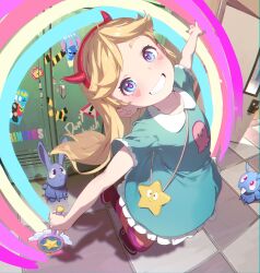  1girl aqua_dress blue_eyes blush breasts commentary dress english_commentary facial_mark fake_horns hairband heart_cheeks highres holding holding_wand horned_headwear horns indoors locker looking_at_viewer pantyhose rabbit rainbow red_hairband seuhyo99 small_breasts smile solo star_butterfly star_vs_the_forces_of_evil star_wand stitch_(lilo_&amp;_stitch) striped_clothes striped_pantyhose symbol-shaped_pupils teeth wand 