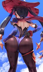 1girl ass ass_focus cape detached_sleeves elbow_gloves from_behind from_below genshin_impact gloves hair_ornament hair_ribbon hat highres huge_ass leotard long_hair looking_away mona_(genshin_impact) pantyhose purple_hair ribbon solo thighlet twintails uenoryoma very_long_hair wide_hips rating:Questionable score:165 user:armorcrystal