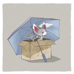  blue_eyes border box cardboard_box cat colored_sclera creatures_(company) game_freak gen_4_pokemon glameow grey_background grey_fur grey_umbrella highres in_box in_container lila_0219 nintendo no_humans outside_border pokemon pokemon_(creature) rain simple_background solo translation_request two-tone_fur umbrella white_border white_fur yellow_sclera 