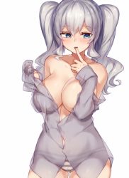 10s 1girl bad_id bad_pixiv_id blouse breasts clothes_down collarbone finger_to_mouth hair_between_eyes heart heart-shaped_pupils kantai_collection kashima_(kancolle) large_breasts long_hair looking_at_viewer panties pokoten_(pokoten718) see-through shirt silver_hair solo striped_clothes striped_panties symbol-shaped_pupils twintails underwear upper_body wavy_hair rating:Questionable score:26 user:danbooru