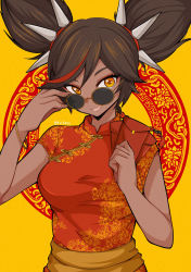 1girl adjusting_eyewear adjusting_glasses black_hair breasts brown_eyes china_dress chinese_clothes clenched_hands commentary dark_skin dark_skinned_female dress english_commentary eyeshadow genshin_impact highres k.k.tofus looking_over_eyewear looking_over_glasses looking_to_the_side makeup medium_breasts multicolored_hair open_mouth red_eyeshadow red_hair round_eyewear smile solo spikes streaked_hair sunglasses tinted_eyewear twintails upper_body xinyan_(genshin_impact)