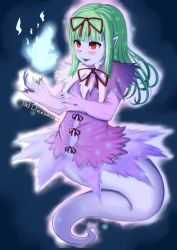  absurdres blue_fire fire full_body ghost green_hair highres pink_theme self-upload simple_background skirt spirit  rating:Sensitive score:0 user:Dacuack