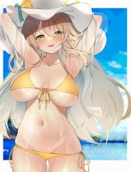 1girl armpits arms_up bikini blue_archive blush breasts commentary cowboy_shot day flower green_eyes hair_between_eyes halo hat hat_flower hat_ribbon hato_haru highres jacket large_breasts light_brown_hair long_hair looking_at_viewer nonomi_(blue_archive) nonomi_(swimsuit)_(blue_archive) ocean official_alternate_costume outdoors ribbon see-through see-through_jacket side-tie_bikini_bottom solo stand sun_hat swimsuit yellow_bikini 