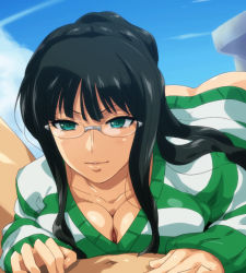 1girl aqua_eyes ass black_hair blue_sky bottomless breasts cleavage cloud cloudy_sky collarbone day glasses hairu hetero large_breasts long_hair long_sleeves looking_at_viewer naked_sweater nico_robin no_pants one_piece one_piece:_strong_world outdoors paizuri paizuri_under_clothes penis rimless_eyewear sky striped_clothes striped_sweater sweater uncensored rating:Explicit score:145 user:danbooru