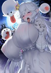 1girl boo_(mario) breasts dress covered_erect_nipples fingernails full_moon ghost_pose huge_breasts ion_(cation) luigi&#039;s_mansion mario_(series) moon new_super_mario_bros._u_deluxe night nintendo princess_king_boo purple_eyes see-through sharp_fingernails sharp_teeth super_crown teeth tongue tongue_out white_dress white_hair rating:Questionable score:55 user:animeboy12