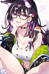  1girl absurdres animal animal_ears animal_on_shoulder bare_shoulders bird bird_on_shoulder black_bra black_choker black_hair bra breasts butterfly_sitting choker chromatic_aberration colored_inner_hair cropped_shirt glasses hair_ornament hair_ribbon hairclip hand_on_another&#039;s_shoulder heart high-waist_panties highres jacket jacket_partially_removed large_breasts long_hair loose_socks mole mole_under_eye multicolored_hair navel off_shoulder open_mouth original purple_eyes purple_hair ribbon see-through shirt short_shorts shorts simple_background sitting sleeveless sleeveless_shirt smile socks spoken_heart tel-o two-tone_hair underwear white_background wolf_girl 