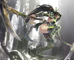  1girl akali akali_(legacy) aoin armor bad_deviantart_id bad_id boots breasts brown_hair dual_wielding elbow_gloves gloves greaves green_eyes green_gloves green_thighhighs hair_tie highres holding kama_(weapon) large_breasts league_of_legends long_hair mask ninja pauldrons ponytail shoulder_armor sickle sideboob solo thigh_boots thighhighs vambraces water waterfall weapon  rating:Sensitive score:127 user:danbooru