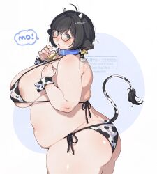  ! 1girl ahoge animal_ears animal_print areola_slip artist_name bell bikini black_hair blue_background blue_collar blush breasts collar commentary_request covered_erect_nipples cow_print cow_tail cowbell ear_tag elbow_blush fat from_side glasses grey_eyes highres horns huge_breasts looking_at_viewer looking_to_the_side medium_hair muroku_(aimichiyo0526) navel neck_bell open_hand open_mouth original outline shoulder_blush simple_background solo speech_bubble spoken_exclamation_mark string_bikini swimsuit tail tareme thick_arms thick_thighs thighs twitter_username white_background white_outline wrist_cuffs 