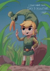  1boy absurdres acorn black_eyes blonde_hair brown_footwear dated ezlo green_tunic hand_on_own_hip highres link long_sleeves male_focus mini_person miniboy nintendo open_mouth pants pointy_ears shield shield_on_back short_hair shrub_mtg sword teeth the_legend_of_zelda the_legend_of_zelda:_the_minish_cap toon_link upper_teeth_only weapon weapon_on_back white_pants 