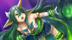 1girl bare_shoulders breasts green_eyes green_hair highres horns league_of_legends long_hair magical_girl medium_breasts open_mouth pointy_ears restrained riot_games skirt soraka_(league_of_legends) star_guardian_(league_of_legends) star_guardian_soraka tentacles vel&#039;koz  rating:Questionable score:13 user:report_yasuo_4_feed