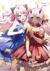  2girls ahoge alternate_costume azur_lane bare_shoulders blue_dress blue_eyes bow champagne_flute commission cup dark-skinned_female dark_skin dress dress_bow drinking_glass frilled_dress frills green_eyes hands_up heart heart_ahoge heterochromia highres holding holding_cup houston_(azur_lane) indianapolis_(azur_lane) light_blush long_bangs long_hair low_twintails multiple_girls okara_uno one_eye_closed open_mouth pink_hair red_dress skeb_commission smile twintails very_long_hair w yellow_eyes 