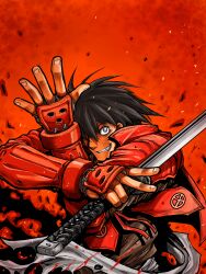  1boy absurdres arm_guards black_hair clip_studio_paint_(medium) commentary_request drifters grey_eyes grin highres hirano_kouta holding holding_sword holding_weapon male_focus red_background shimazu_toyohisa shimazu_toyohisa_(drifters) smile solo sword v weapon 