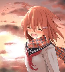  10s 1girl :d ^_^ blush brown_hair closed_eyes cloud commentary_request closed_eyes fang hair_ornament hairclip ikazuchi_(kancolle) kantai_collection neckerchief open_mouth outdoors plaid plaid_scarf red_neckerchief scarf school_uniform serafuku short_hair smile solo sunset takemitsu-zamurai translation_request  rating:Sensitive score:3 user:danbooru