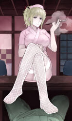 1boy 1girl black_eyes blonde_hair breasts bulge chair crossed_legs fishnet_thighhighs fishnets footjob_over_clothes gintama hair_ornament hair_stick highres holding holding_smoking_pipe kiseru large_breasts looking_at_viewer nurse on_table panties parted_lips pink_headwear ponytail pov pov_crotch smoking smoking_pipe solo_focus table thighhighs tsukuyo_(gintama) underwear white_panties white_thighhighs zakirsiz rating:Questionable score:23 user:danbooru