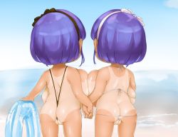 2girls ass backboob bare_arms bare_shoulders bikini bikini_pull breasts cleft_of_venus clothes_pull cowboy_shot female_focus from_behind frontal_wedgie holding_hands huge_breasts innertube micro_bikini multiple_girls one-piece_tan oppai_loli original partially_visible_vulva shiny_skin slingshot_swimsuit swim_ring swimsuit tan tanline yuu_(nijie246869) rating:Questionable score:91 user:Domestic_Importer