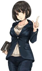  1girl black_hair blue_jacket blue_pants blush book breasts closed_mouth collarbone cowboy_shot gatsby_ssl hand_up highres holding holding_book idolmaster idolmaster_cinderella_girls idolmaster_cinderella_girls_starlight_stage index_finger_raised jacket large_breasts long_sleeves looking_at_viewer pants shirt short_hair simple_background smile solo standing takafuji_kako white_background white_shirt yellow_eyes 