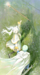  1boy 1girl absurdres arm_grab artist_name blue_flower blue_hair cape capelet chinese_commentary closed_mouth earrings flower frieren grass green_eyes highres himmel_(sousou_no_frieren) holding holding_sword holding_weapon incredibly_absurdres jewelry light_blue_hair long_hair outdoors outstretched_arm parted_bangs pointy_ears qian_he_yao smile sousou_no_frieren staff standing sword thick_eyebrows twintails weapon white_cape white_capelet 
