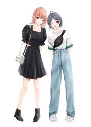  2girls ;) ;d absurdres arms_behind_back bag black_bag black_dress black_eyes black_footwear black_hair blonde_hair collarbone denim dress earrings fang fanny_pack full_body hair_ornament hairclip hayase_illusut highres hikigaya_komachi isshiki_iroha jeans jewelry leaning_to_the_side looking_at_viewer medium_hair multiple_girls necklace one_eye_closed open_mouth pants shirt shoes short_hair shoulder_bag skin_fang smile sneakers waist_cutout white_bag white_footwear white_shirt x_hair_ornament yahari_ore_no_seishun_lovecome_wa_machigatteiru. 