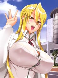  1girl absurdres blonde_hair bra breasts cloud covered_erect_nipples female_focus happy highres highschool_of_the_dead huge_breasts looking_at_viewer marikawa_shizuka open_mouth outdoors satou_shouji see-through sky smile solo underwear upper_body  rating:Sensitive score:179 user:jaxumbra1