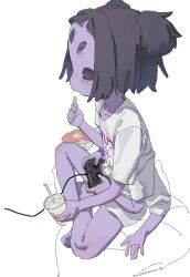  1girl arthropod_girl barefoot black_eyes black_hair chips_(food) colored_skin controller crossed_legs eating extra_arms extra_eyes feet food from_side game_controller insect_girl jianpan_xiafang_de_da_kongge monster_girl muffet no_pants playing_games potato_chips purple_skin shirt short_hair sitting solo spider_girl thighs toes two_side_up undertale white_shirt 