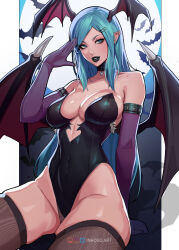  1girl aqua_eyes aqua_hair artist_name bare_shoulders bat_(animal) bat_wings black_choker black_leotard breasts choker commentary covered_navel detached_sleeves fang fang_out full_moon green_lips head_wings highres inhoso invisible_chair large_breasts leotard long_hair moon morrigan_aensland pillarboxed purple_sleeves salute sitting skindentation solo strapless strapless_leotard thighhighs twitter_username vampire_(game) wings 