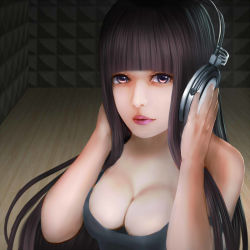  1girl bad_id bad_pixiv_id breasts_squeezed_together breasts brown_hair cleavage eyelashes hands_on_headphones headphones hexelica highres indoors large_breasts lips lipstick long_hair looking_at_viewer makeup nose original parted_lips pink_eyes pink_lips realistic solo strap_slip studio tank_top upper_body wooden_floor  rating:Sensitive score:10 user:danbooru