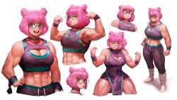  1girl abs blue_eyes breasts cleavage female_focus glasses highres lulu_(luulubuu) muscular muscular_female pink_hair rayluaza smile solo  rating:Sensitive score:34 user:R-998