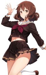  1girl absurdres arm_up brown_eyes brown_footwear brown_hair brown_serafuku brown_shirt brown_skirt buttons closed_mouth commission double-breasted hibike!_euphonium highres kitauji_high_school_uniform kneehighs light_blush long_sleeves looking_at_viewer midriff_peek navel neckerchief oumae_kumiko pleated_skirt red_neckerchief sailor_collar school_uniform serafuku shirt short_hair simple_background skirt smile socks solo split_mouth standing standing_on_one_leg thighs white_background white_sailor_collar white_socks winter_uniform zero0ex 