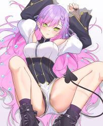  1girl black_nails black_panties blush braid breasts corset demon_tail earrings french_braid green_eyes hair_ornament hairclip highres hololive jewelry long_hair looking_at_viewer lying medium_breasts multiple_earrings nail_polish official_alternate_costume on_back panties pantyshot pointy_ears purple_hair shorts solo tail tokoyami_towa tokoyami_towa_(7th_costume) underwear very_long_hair virtual_youtuber x_hair_ornament z.m._(zimin) 