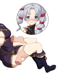 1girl blue_eyes boots breasts commission disembodied_hand fire_emblem fire_emblem:_genealogy_of_the_holy_war grey_hair highres igni_tion medium_breasts multi-tied_hair nintendo purple_hair thigh_grab tine_(fire_emblem) twintails 