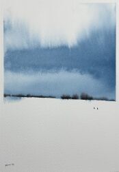  2others bare_tree blue_sky field highres horizon mouen_tw multiple_others night night_sky original painting_(medium) pond scenery sky traditional_media tree water watercolor_(medium) white_background 