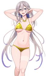  1girl :d absurdres armpits arms_up bikini blue_eyes breasts breasts_apart commentary cowboy_shot earclip english_commentary fangs gold_bikini gold_necklace grey_hair hair_between_eyes hands_in_hair highres horizontal_pupils indie_virtual_youtuber jewelry kuon_bb large_breasts legs_together long_hair mole mole_under_mouth multicolored_hair navel necklace open_mouth pochimaru_(vtuber) simple_background skindentation smile solo standing straight-on swimsuit tan tanline teardrop_facial_mark very_long_hair virtual_youtuber white_background 