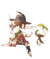  1girl asymmetrical_legwear bow_(weapon) brown_hair closed_mouth commentary copyright_name fermium.ice final_fantasy final_fantasy_xiv flower gem gold_bracelet hat_feather holding holding_flower lalafell large_hat long_bangs mandragora_(final_fantasy) multicolored_clothes multiple_bracelets pointy_ears purple_eyes quiver short_hair signature sitting solo warrior_of_light_(ff14) weapon white_background wide_sleeves 