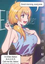  1girl andrian_januar_adilia armpit_crease belt black_belt black_scrunchie blonde_hair blue_shirt breasts brown_skirt chalk character_name ellen_baker english_text green_eyes hand_on_own_chest highres holding holding_chalk indoors jewelry large_breasts new_horizon open_mouth ponytail ring scrunchie shirt skirt sleeveless sleeveless_shirt solo speech_bubble teeth upper_body upper_teeth_only wedding_ring 