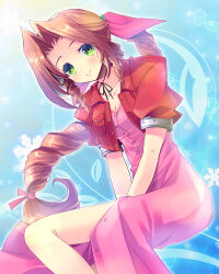  1girl aerith_gainsborough between_legs blue_background braid braided_ponytail breasts brown_hair center_opening choker cleavage cropped_jacket dress feet_out_of_frame final_fantasy final_fantasy_vii green_eyes hair_ribbon hand_between_legs highres izumi_makoto jacket long_hair looking_at_viewer materia medium_breasts parted_bangs pink_dress pink_ribbon puffy_short_sleeves puffy_sleeves red_jacket redrawn ribbon ribbon_choker short_sleeves sidelocks smile snowflakes solo unbuttoned_dress v_arms 