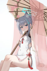  1girl absurdres alternate_costume animal_ear_fluff animal_ears bare_shoulders blue_archive blue_eyes blue_halo blush breasts china_dress chinese_clothes closed_mouth commentary_request covered_navel cross_hair_ornament dress grey_hair hair_ornament halo highres holding holding_umbrella looking_at_viewer mismatched_pupils neranainerune oil-paper_umbrella ponytail shiroko_(blue_archive) sidelocks simple_background sitting sleeveless sleeveless_dress small_breasts tassel thighs umbrella white_background wolf_ears 